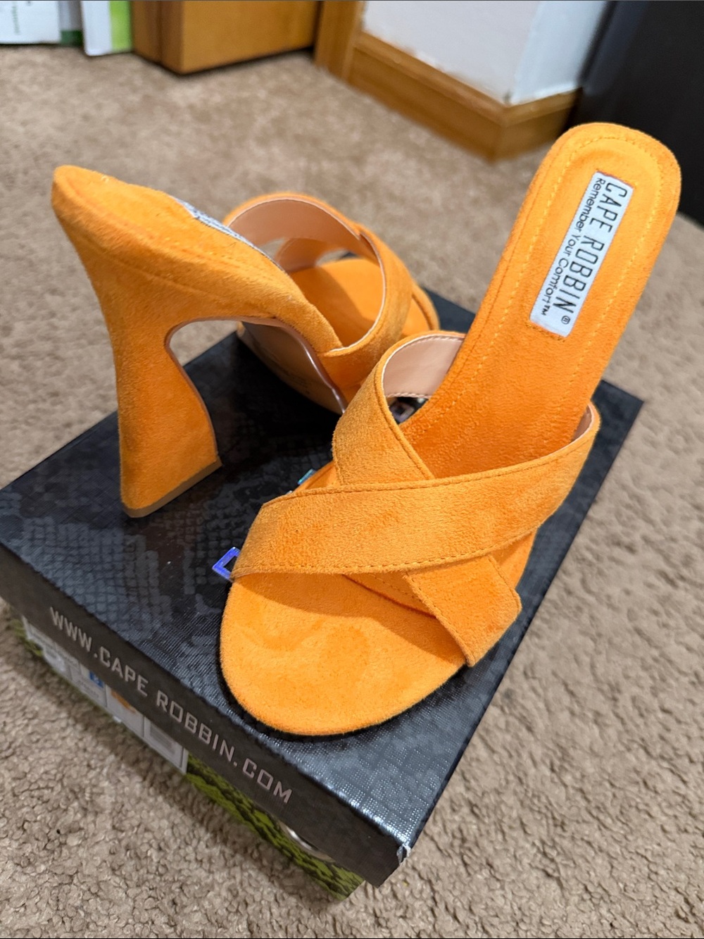 Cape Robbin Orange Suede Crisscross High Heel Mules